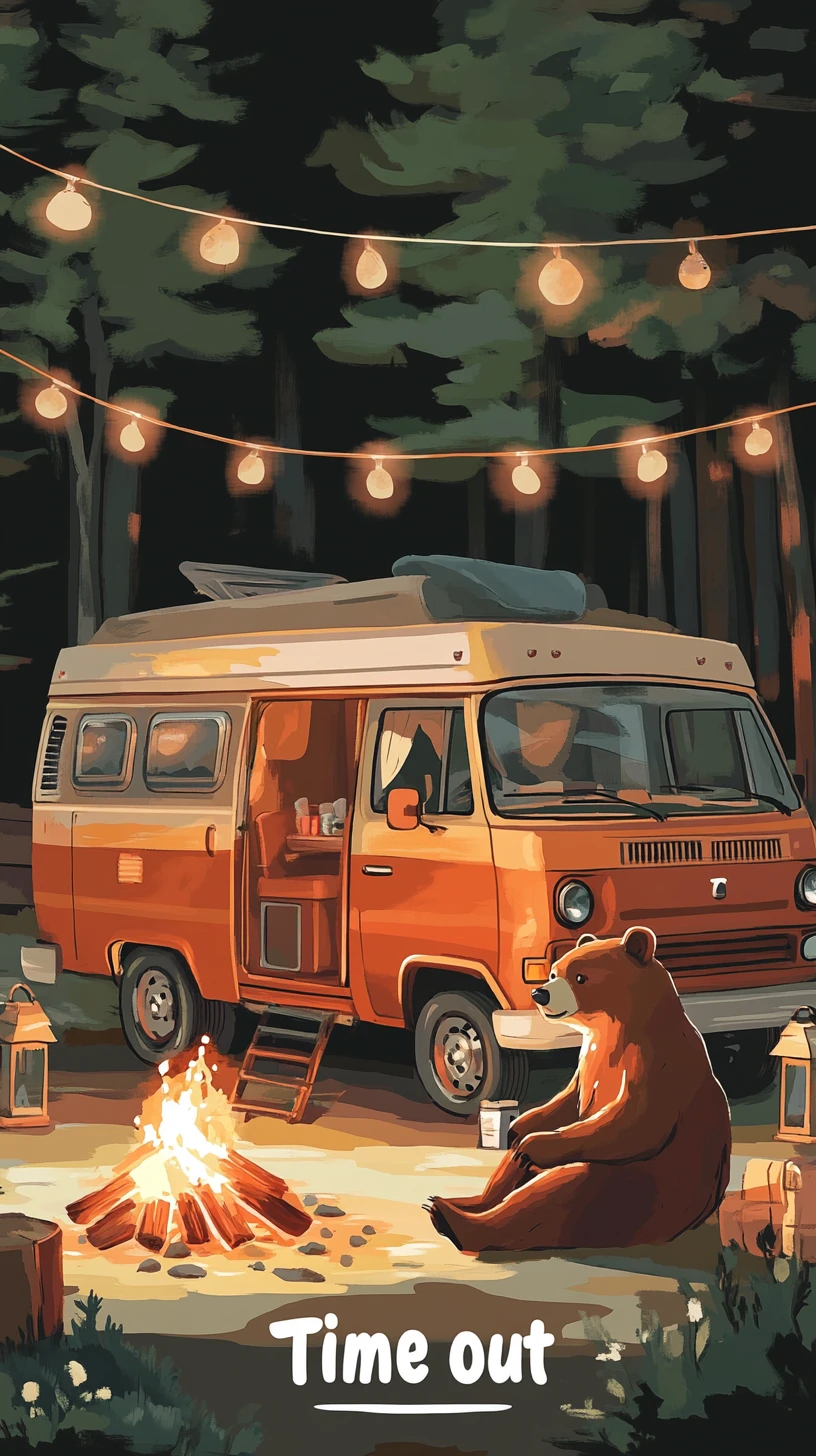 Acogedor oso pardo acampando junto a una furgoneta vintage
