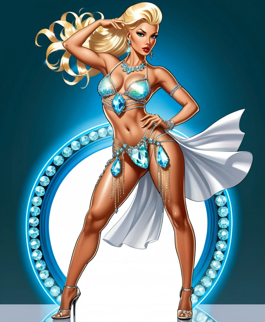 Mujer rubia glamurosa con traje de danza fantasía con joyas