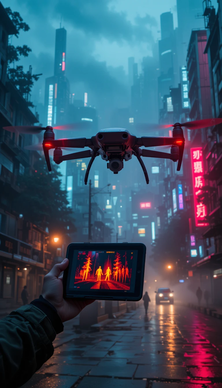 Military drone surveilling foggy forest at border at dawn