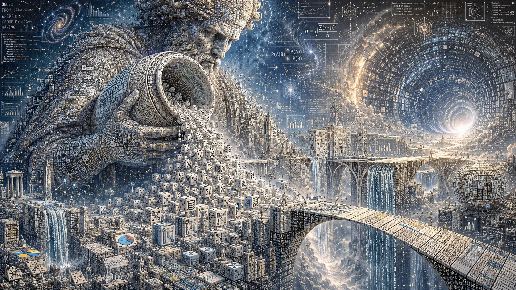 Gigantischer kosmischer Architekt, der endlose Würfel in Daten gießt