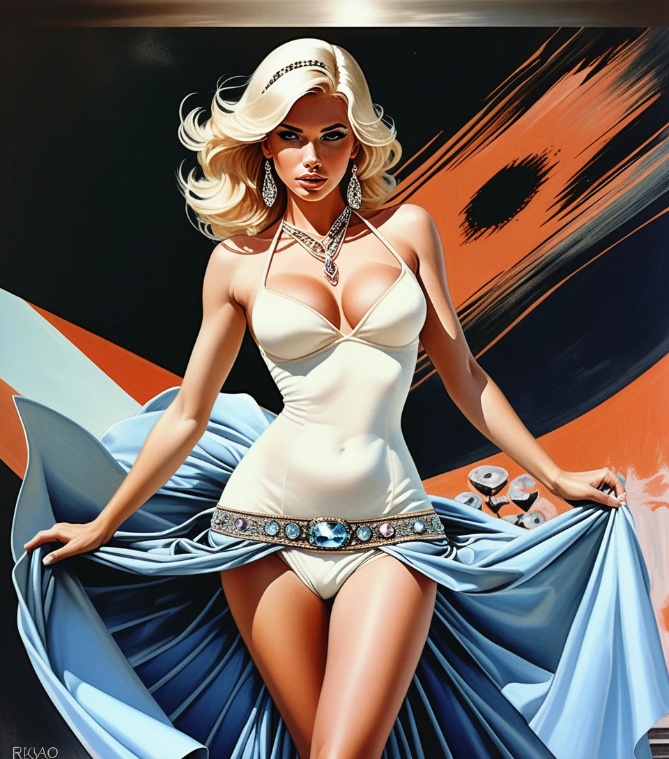Mujer rubia atlética con minivestido de joyas en pose pin-up