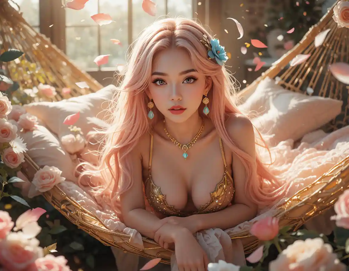 Close-up de mulher anime com cabelo em tons pastel e rosas