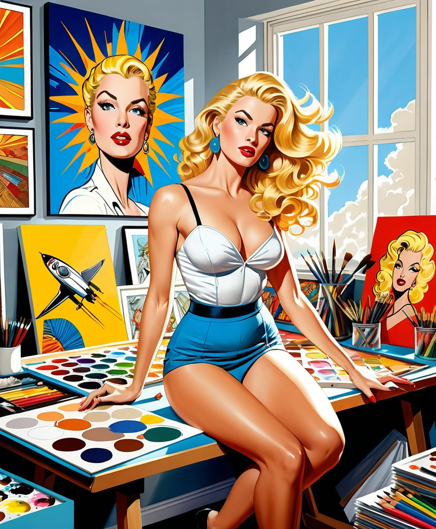 Artista rubia posando con confianza en un estudio bañado por el sol