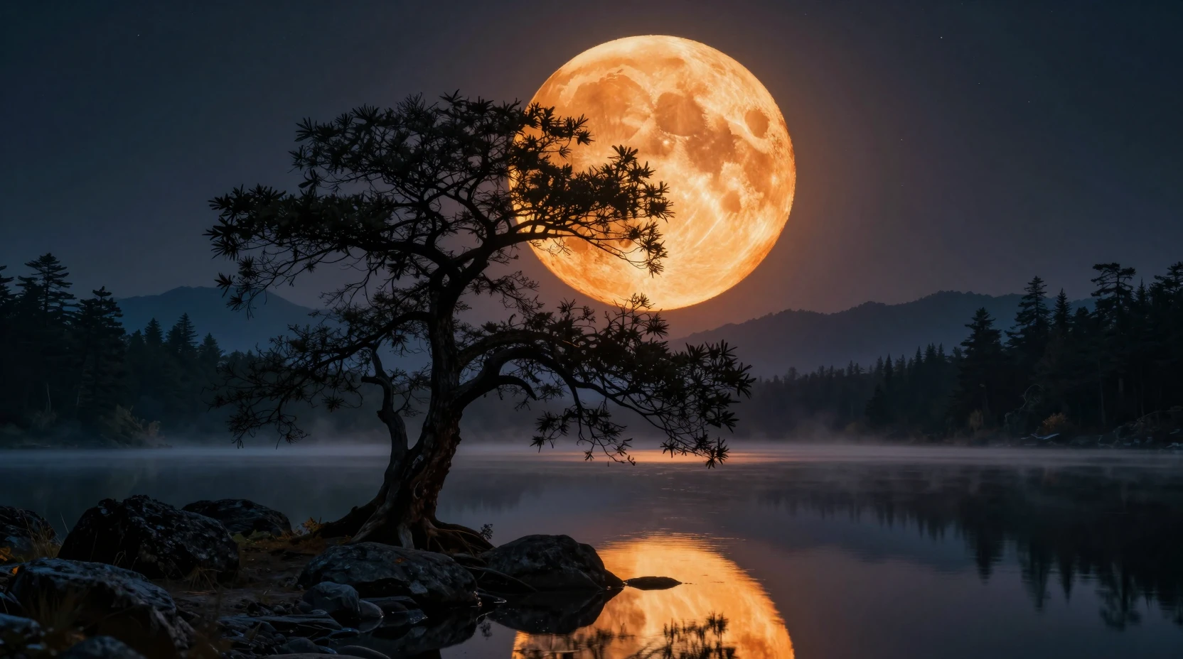 Lago nocturno cinematográfico con superluna y árbol en silueta