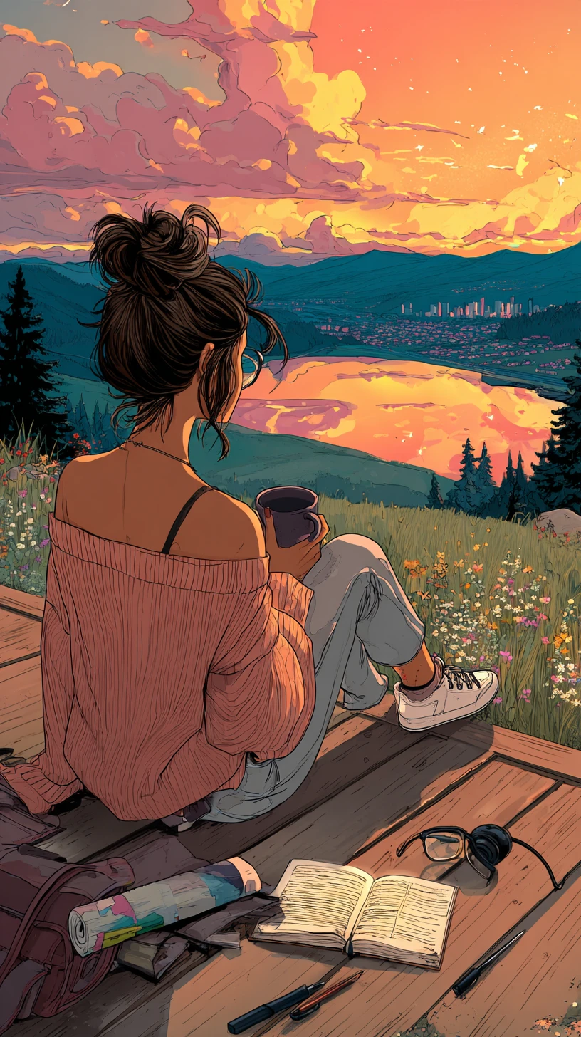 Joven en la terraza mirando el atardecer sobre un lago tranquilo