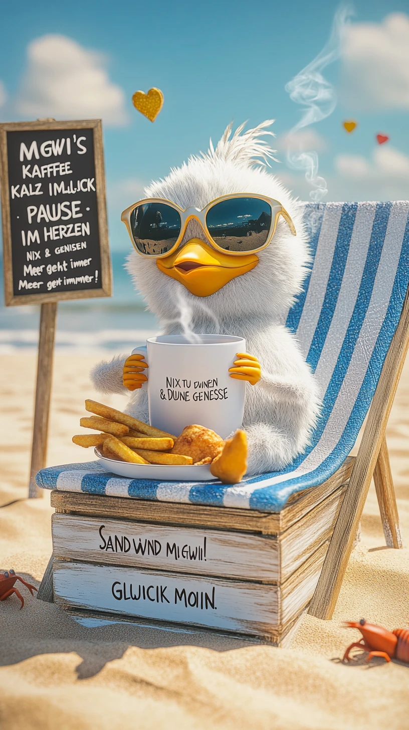 Fröhliche Möwe entspannt in einem gestreiften Strandstuhl bei Sonnenuntergang