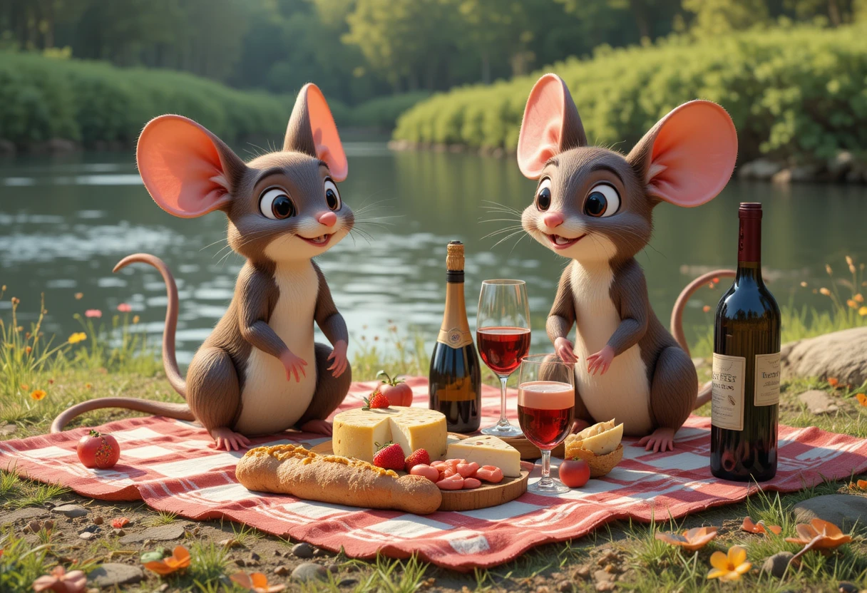 Dos ratones comparten un picnic junto a un río tranquilo