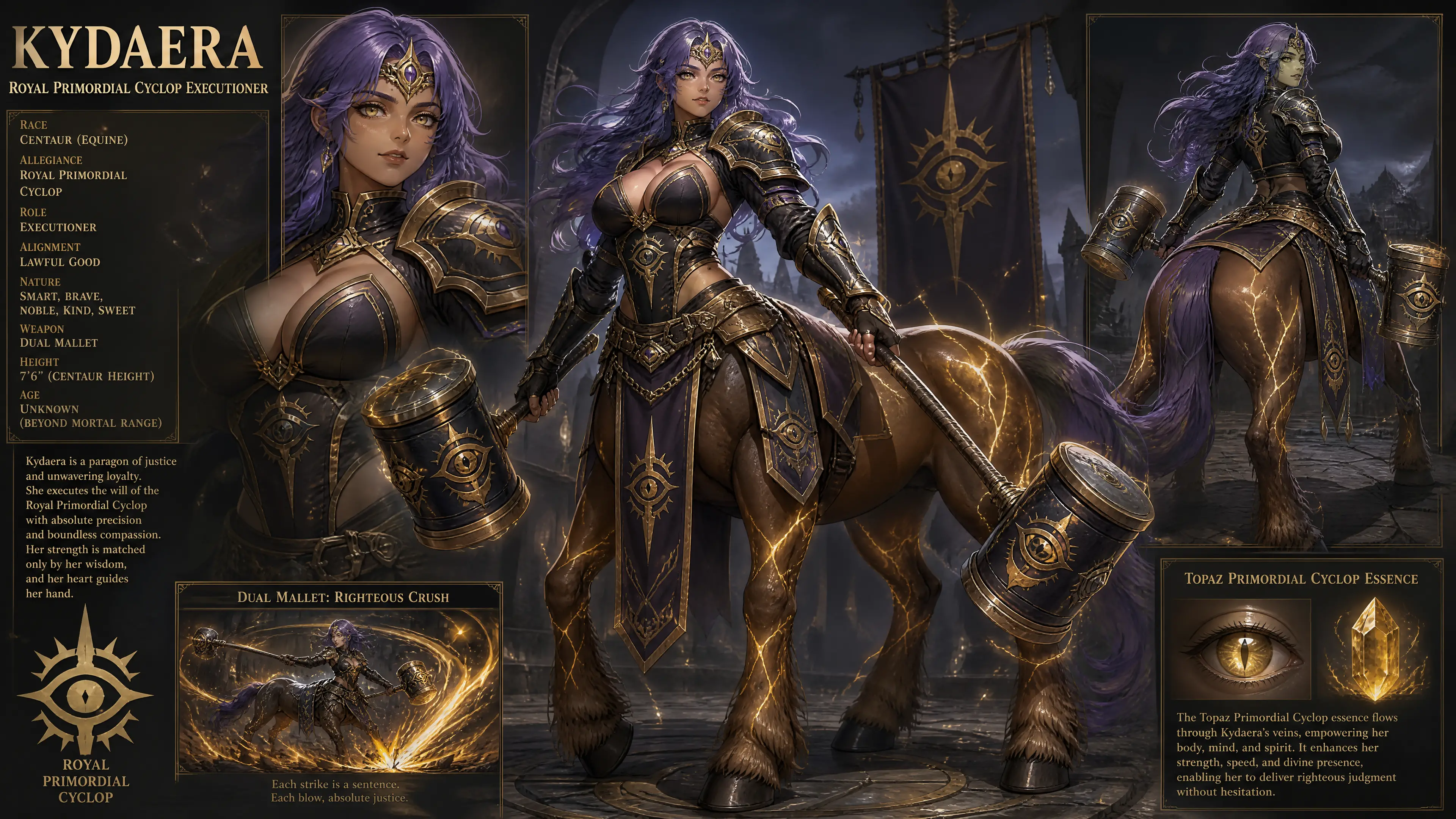 Noble female centaur warrior in royal executioner uniform
