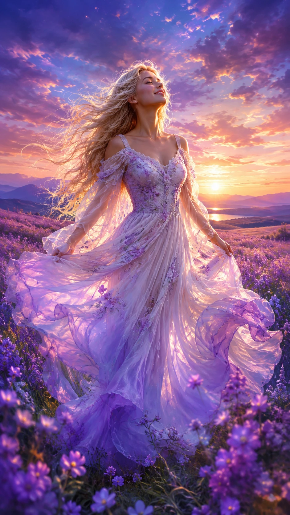 Joven con vestido de cuento de hadas entre flores silvestres moradas