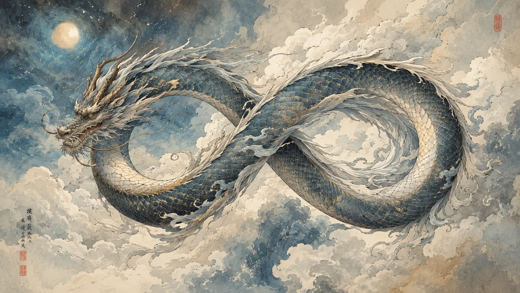 Dragón oriental en espiral entre nubes celestiales en tinta y acuarela