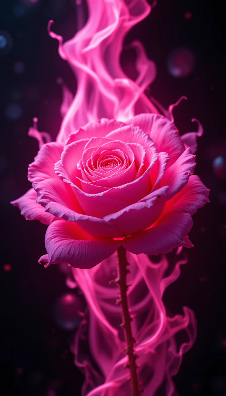 Rosa rosa brillante rodeada de llamas rosas realistas