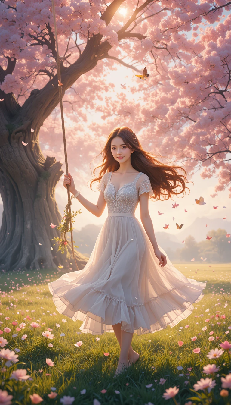 夕暮れの桜の木の下に立つ若い女性