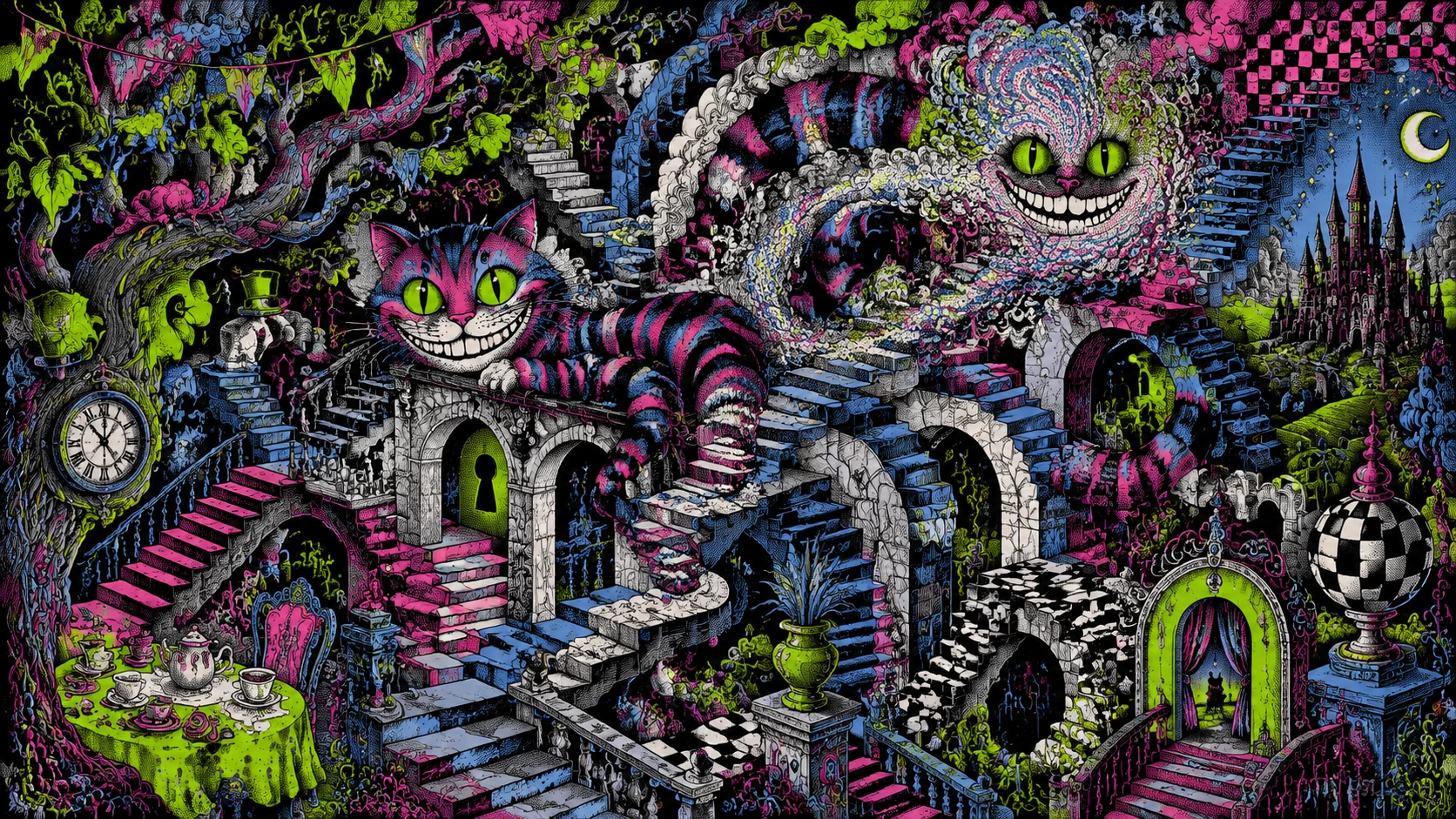 Gato de fantasía a rayas retorciéndose entre surrealistas escaleras flotantes