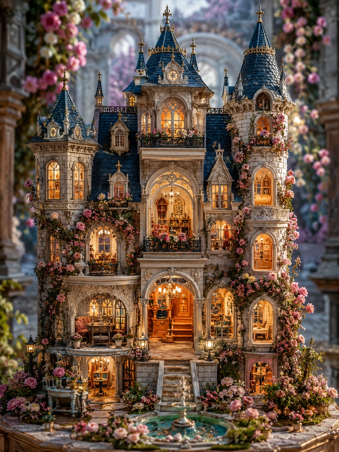 Casa de muñecas castillo de piedra fantástica con flores