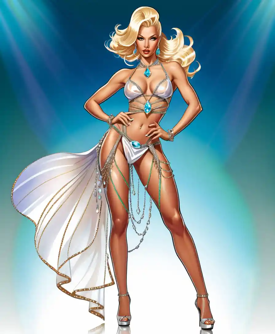Elegant blonde woman in jeweled fantasy dance costume