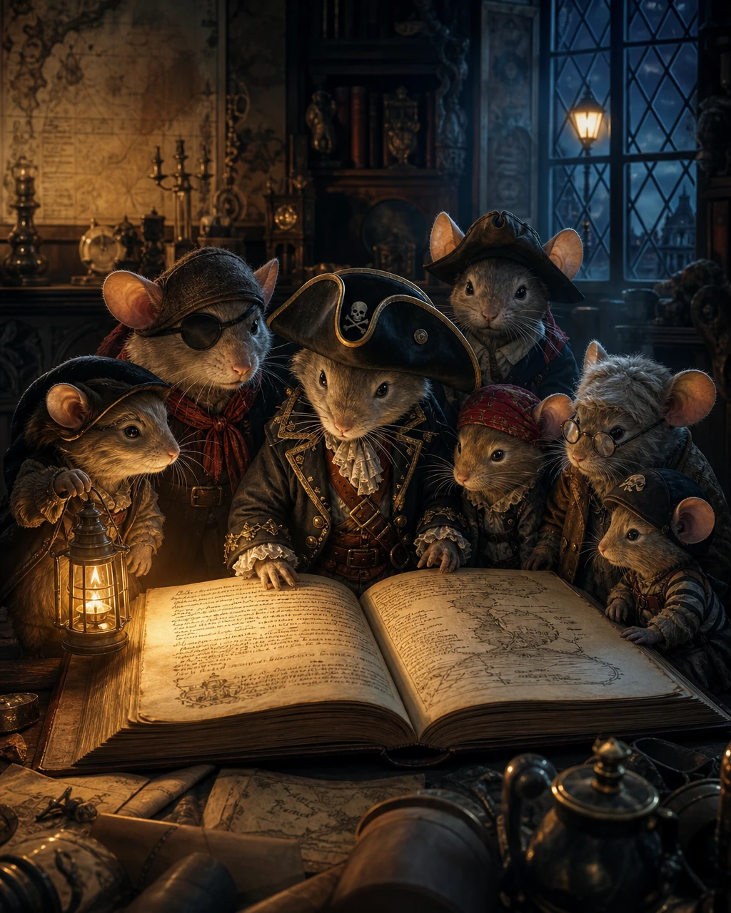 Ratones piratas se reúnen alrededor de un libro antiguo por la noche