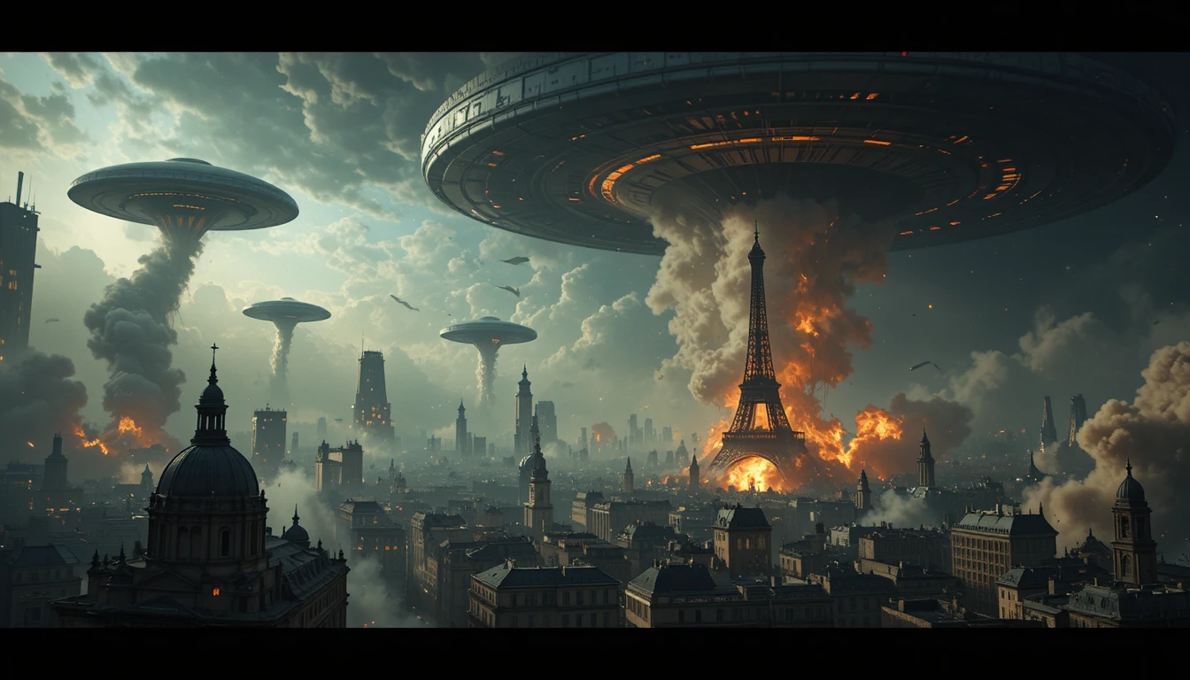 Apokalyptische Alien-Invasion über einer brennenden, zerstörten Stadt