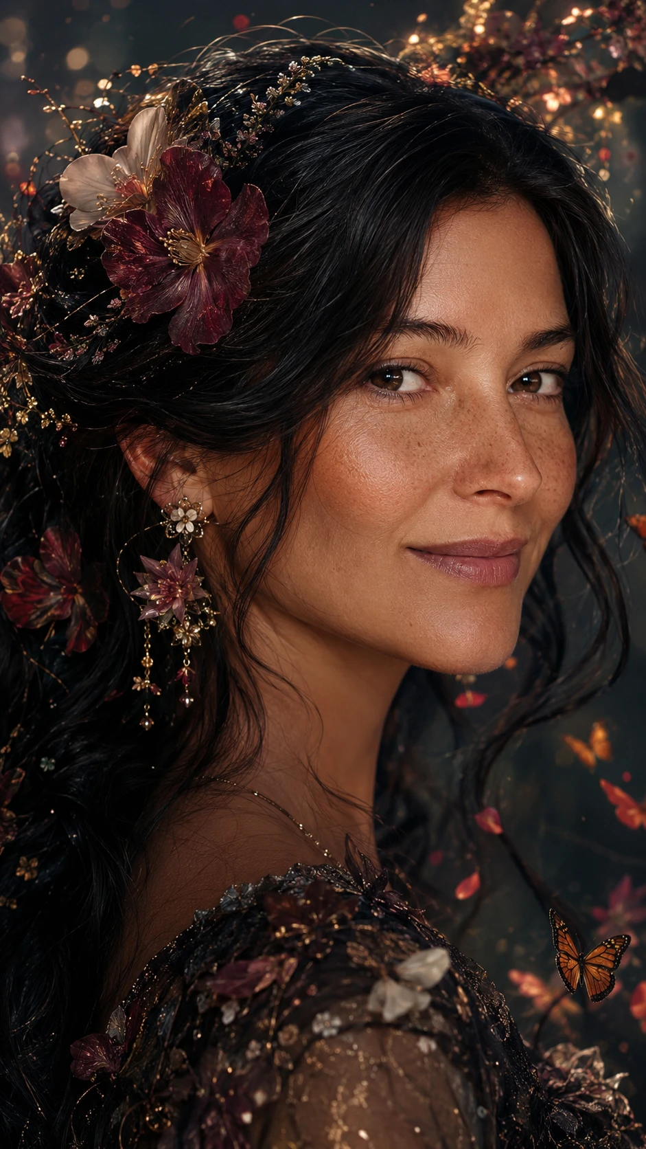 Retrato surreal en primer plano de una mujer pecosa con flores