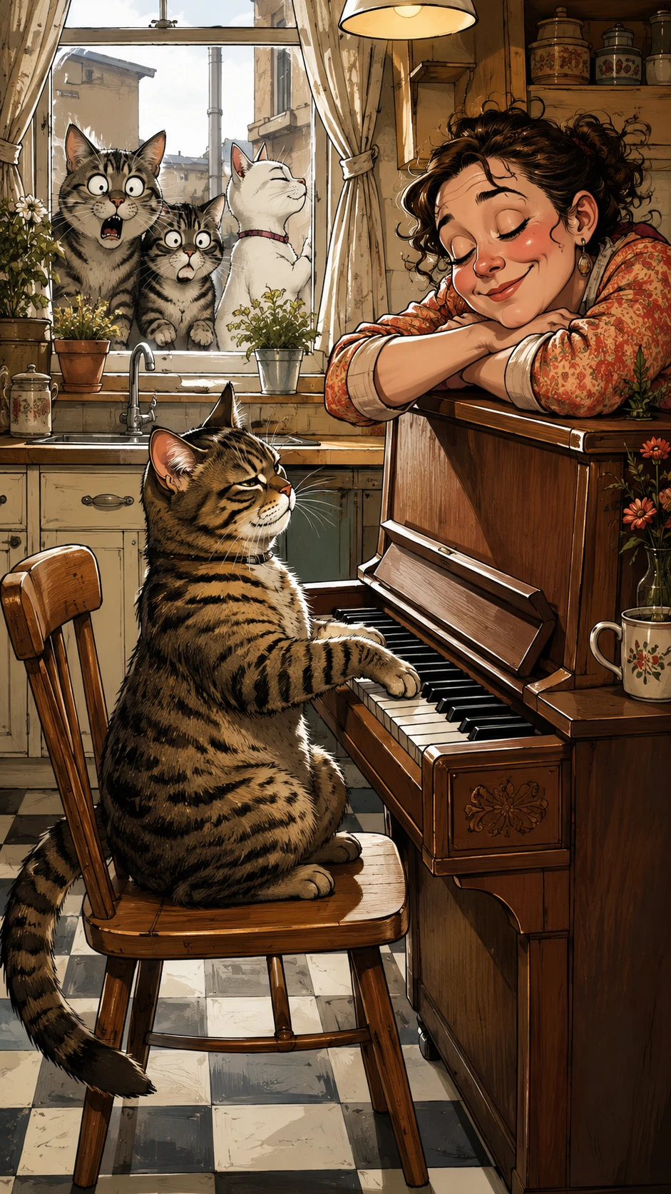 Gato atigrado serio tocando el piano en una cocina luminosa