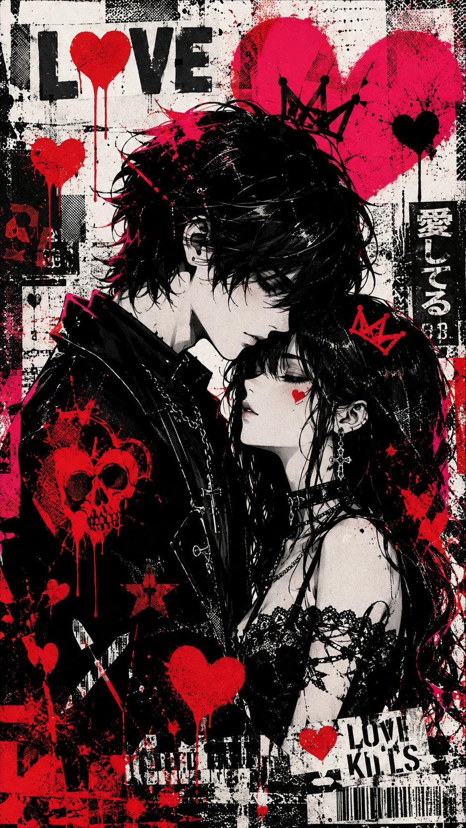 Gothic anime couple in bold red and black urban pop style