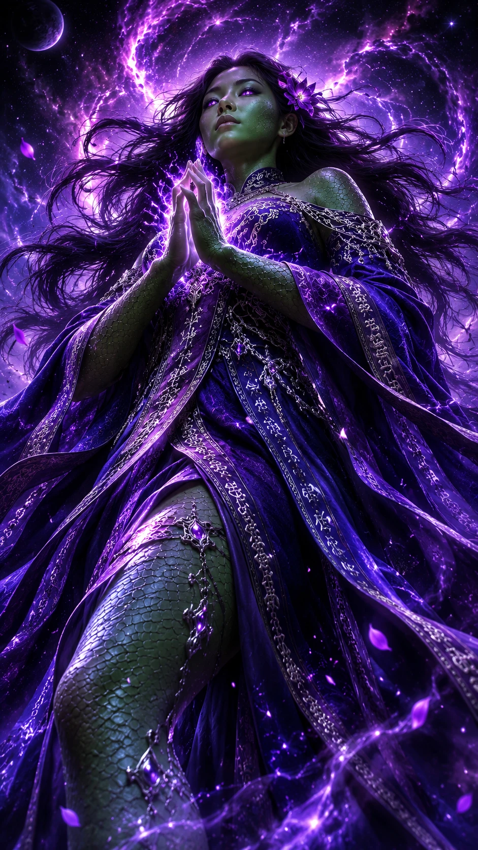 Mystical green skinned sorceress channeling cosmic purple energy