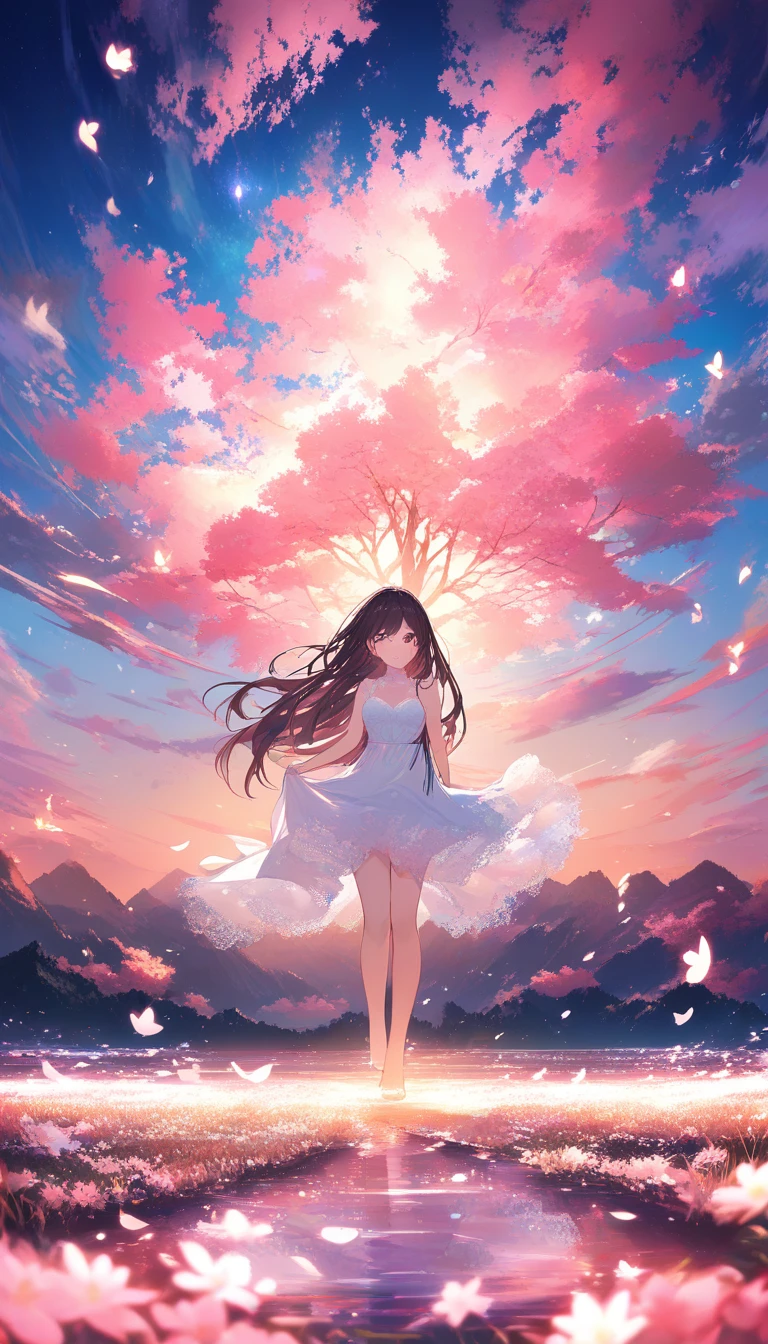 Young woman under ancient cherry tree at sunset