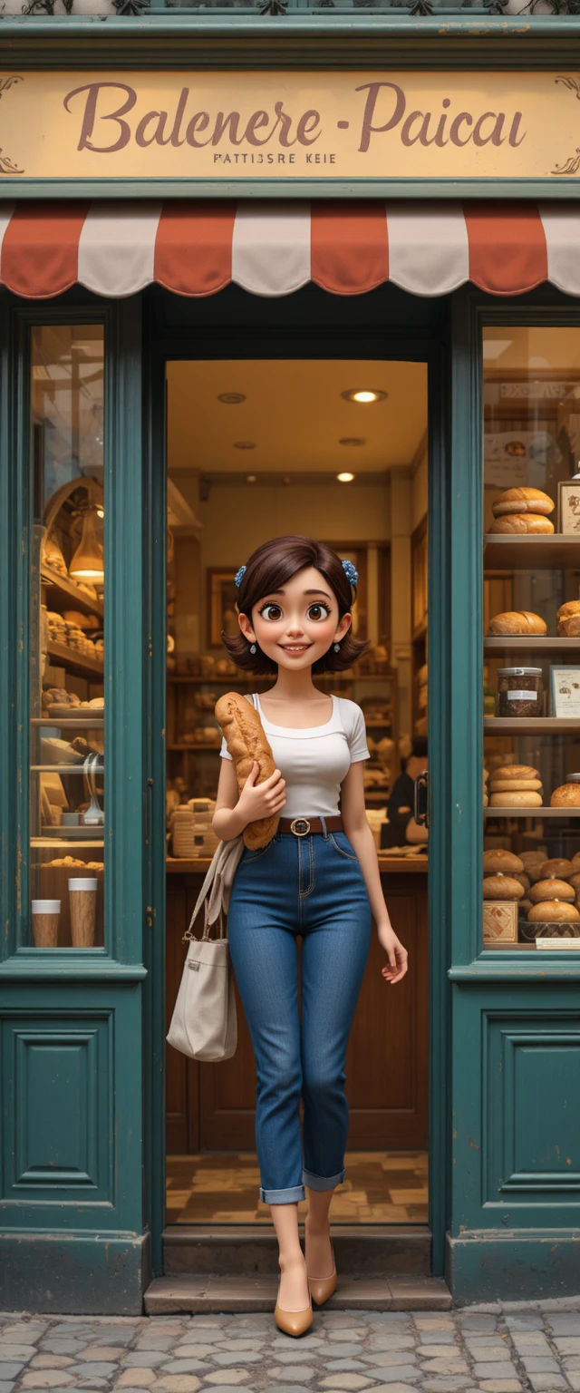 Mujer alegre saliendo de una panadería de París con una baguette fresca