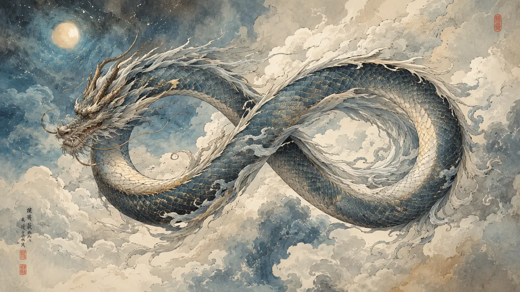 Dragon oriental en spirale parmi des nuages célestes à l’encre et à l’aquarelle