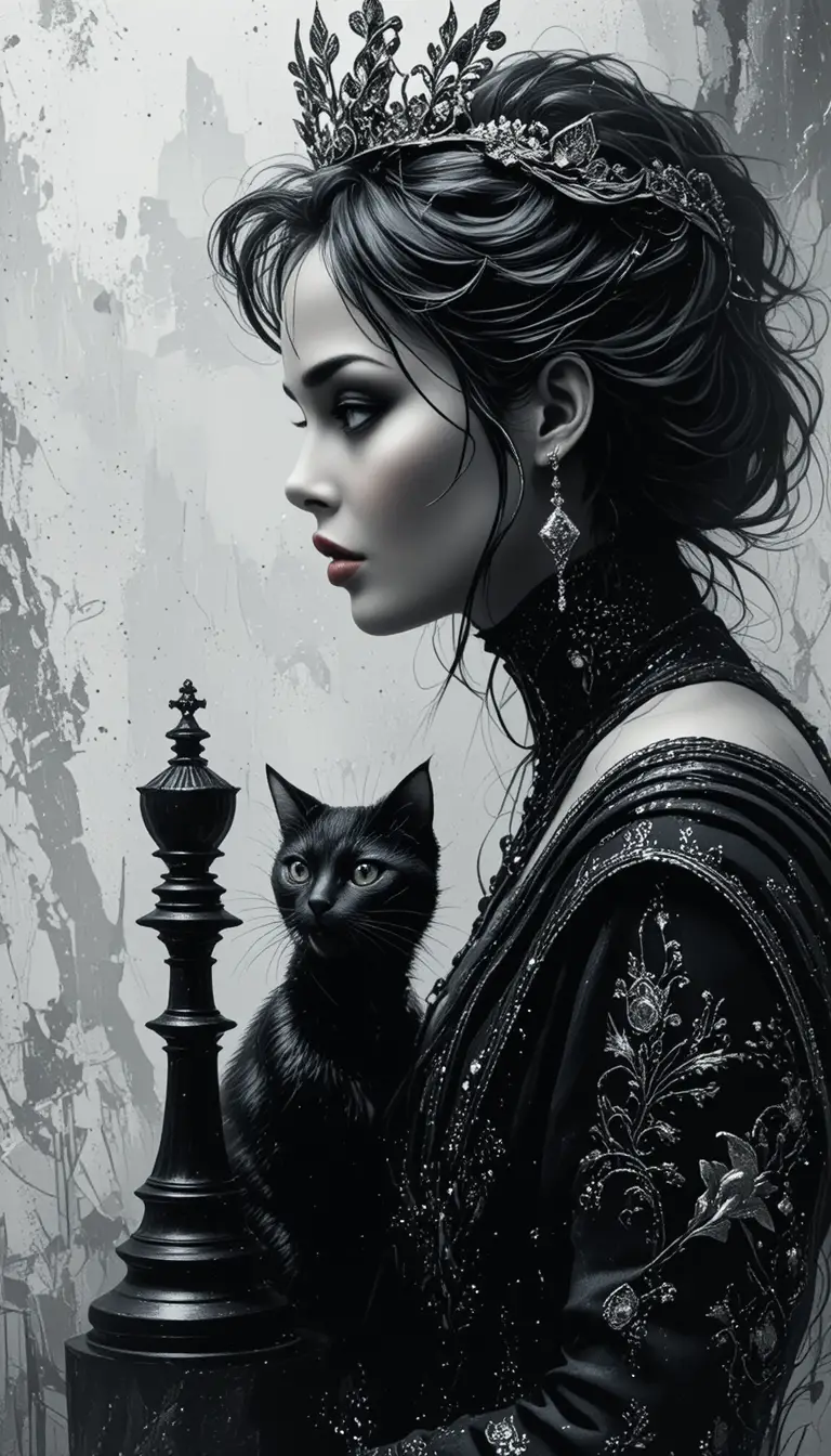 Jeune reine de profil avec chat noir et pièce d’échecs