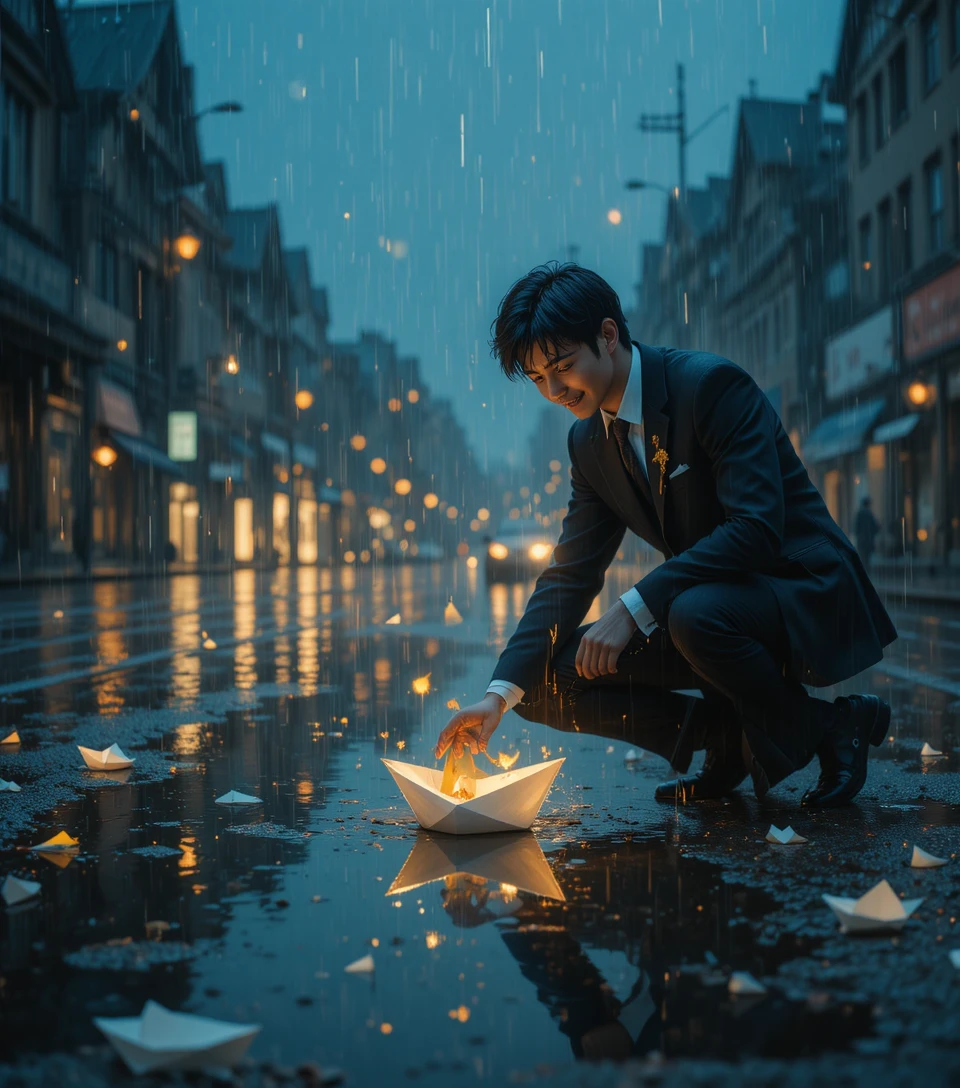 雨に濡れた街路で紙の船に手を伸ばす男