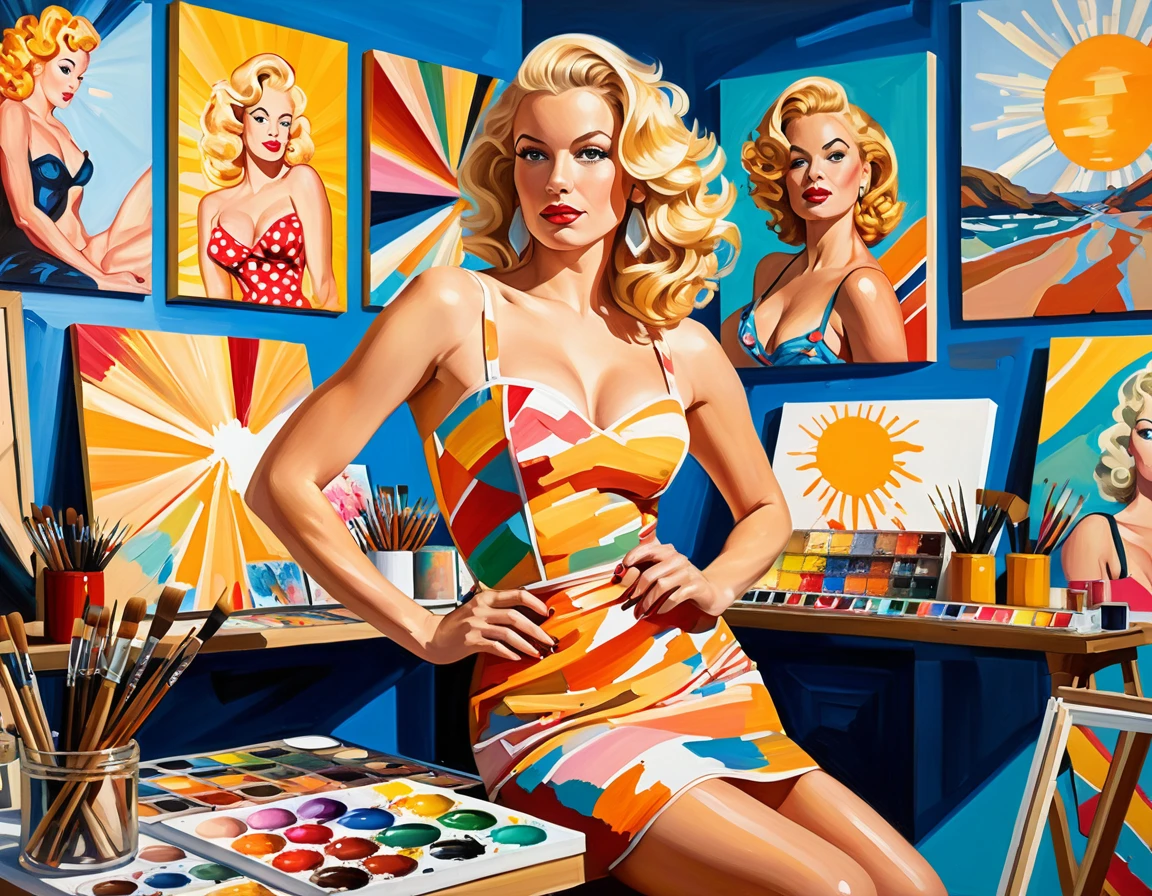 Artista rubia posando con audacia en un estudio de pintura bañado por el sol