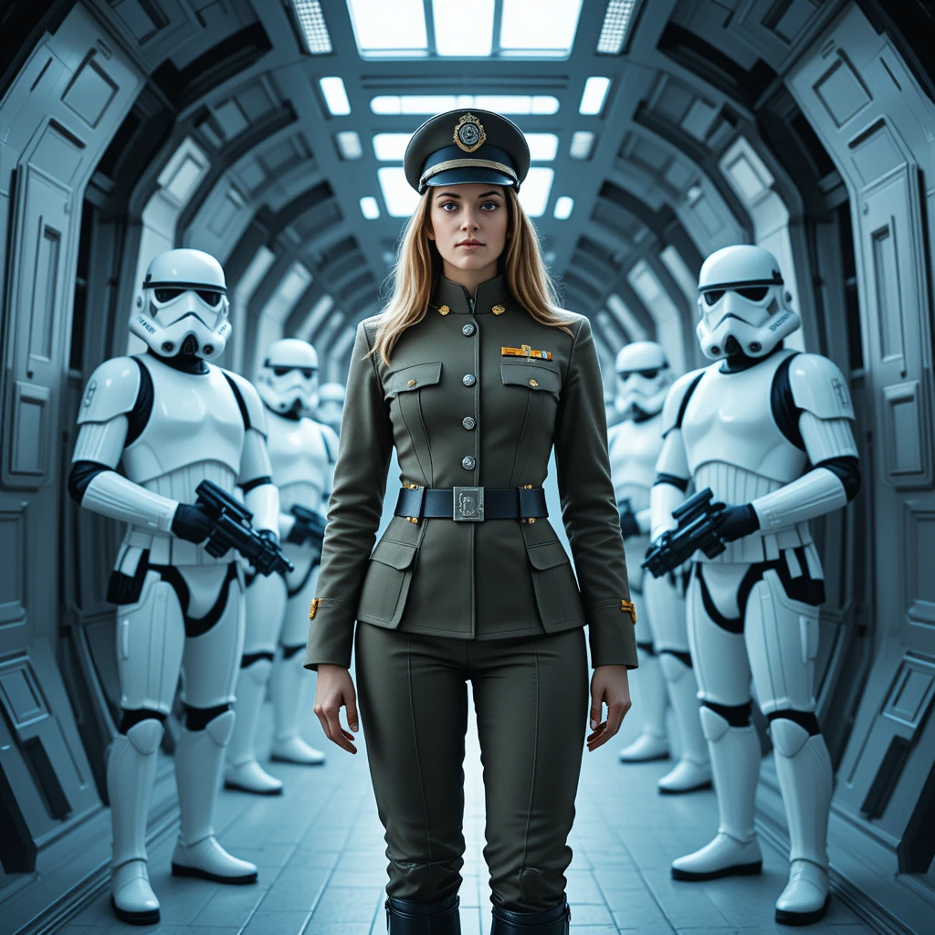 Oficial imperial comandando stormtroopers en un pasillo metálico