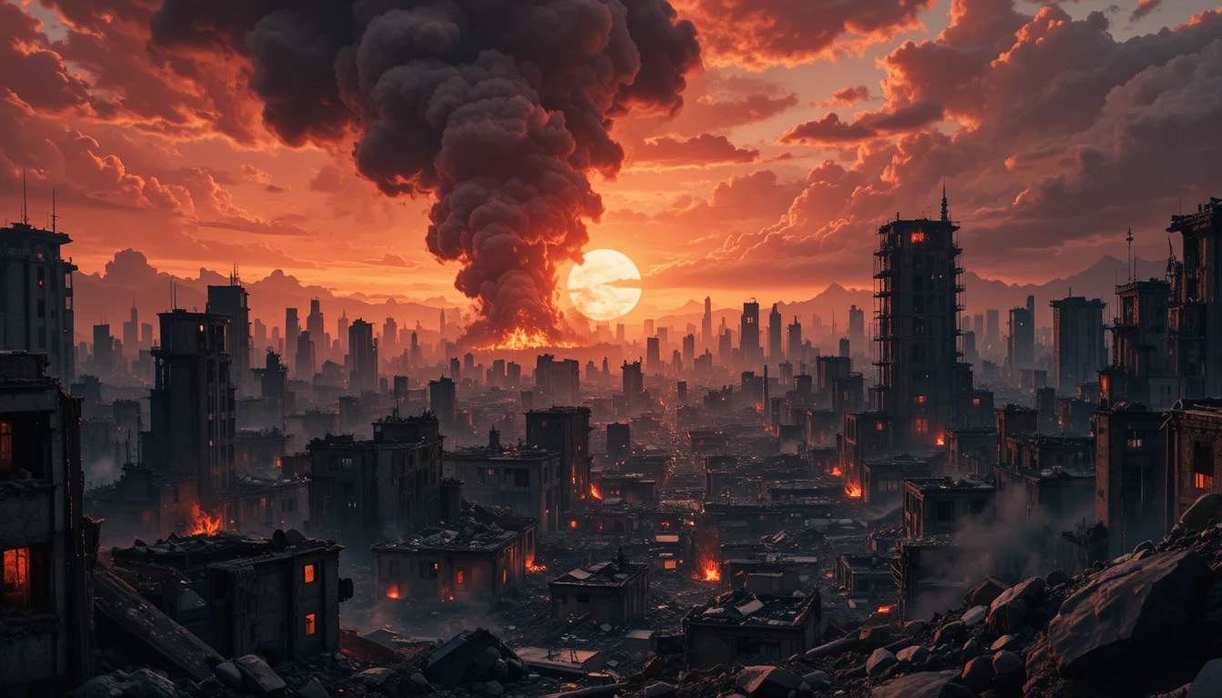 Apocalyptic ruined city with burning buildings and red smoky sky