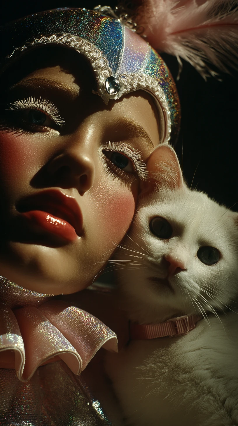 Donna di carnevale futuristica con gatto bianco in ritratto ravvicinato