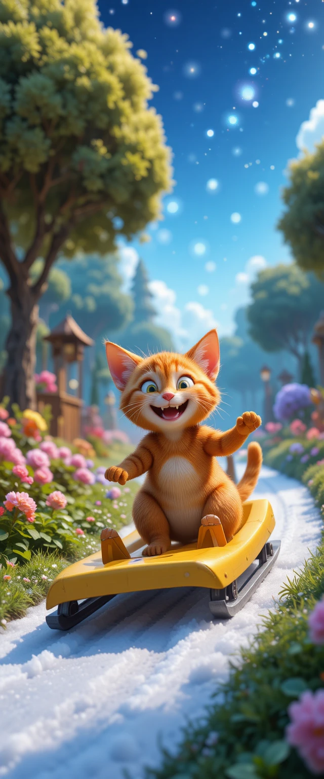 Cachorro de gato pelirrojo 3D juguetón deslizándose por un colorido parque infantil