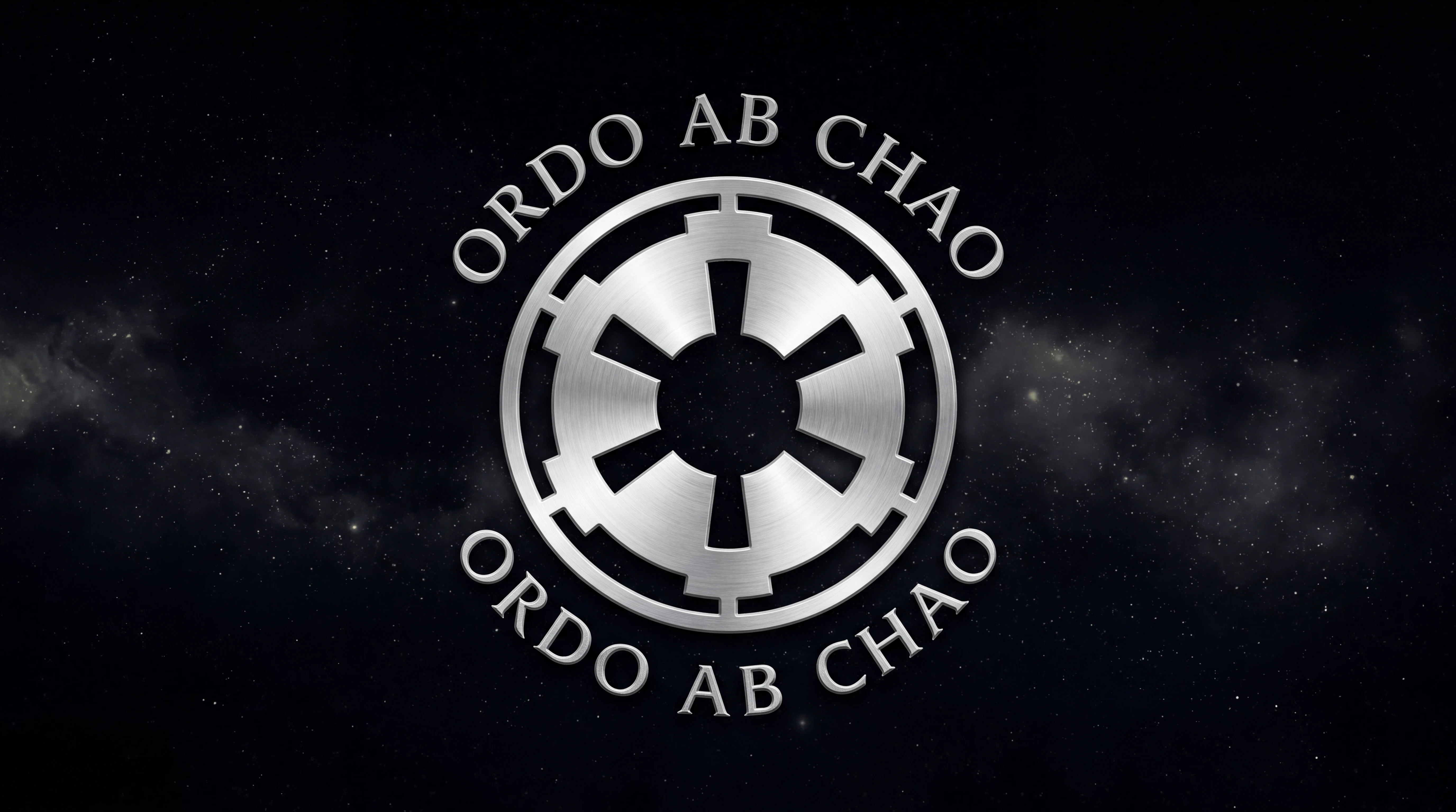Emblema galattico argento con testo ordo ab chao su sfondo nero
