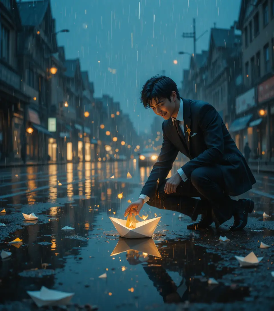 雨中濕透城市街道上伸手觸碰紙船的男子
