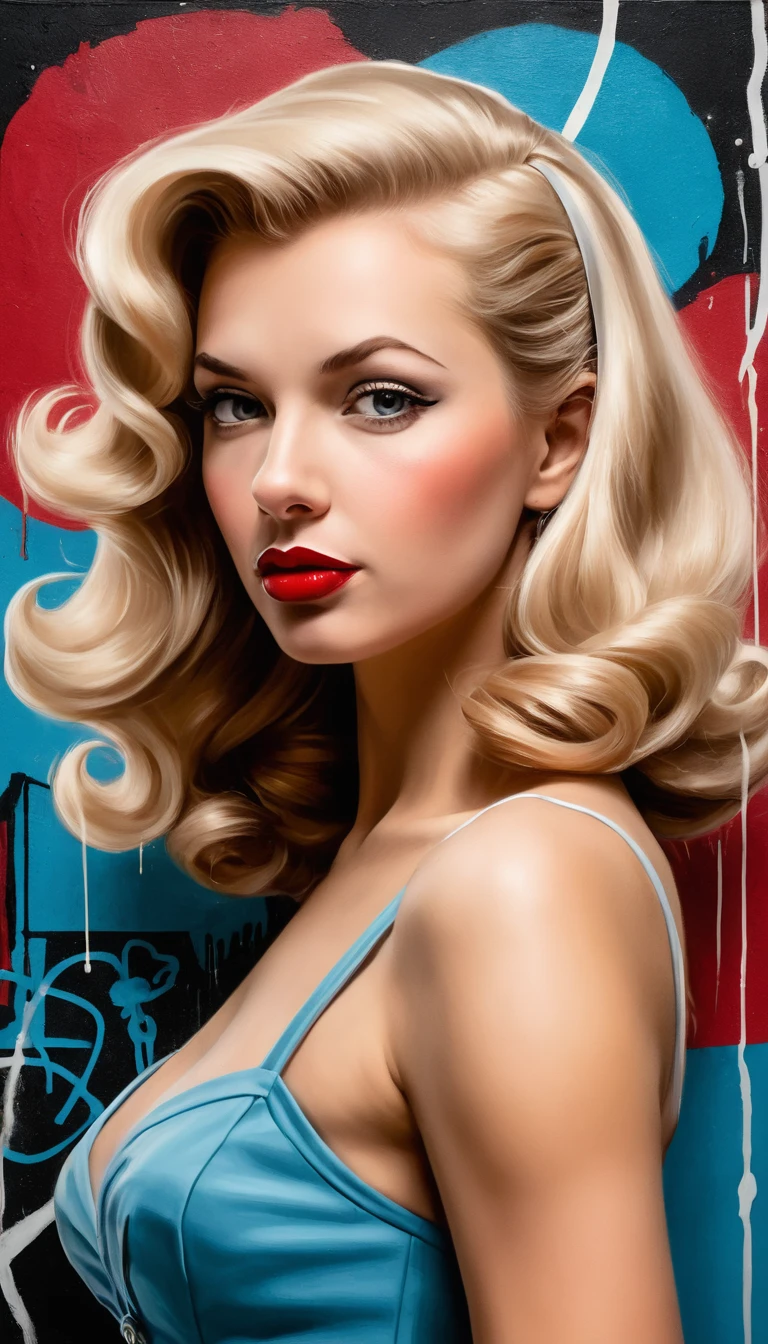 Seductora chica pin up rubia sobre suave tela rosa