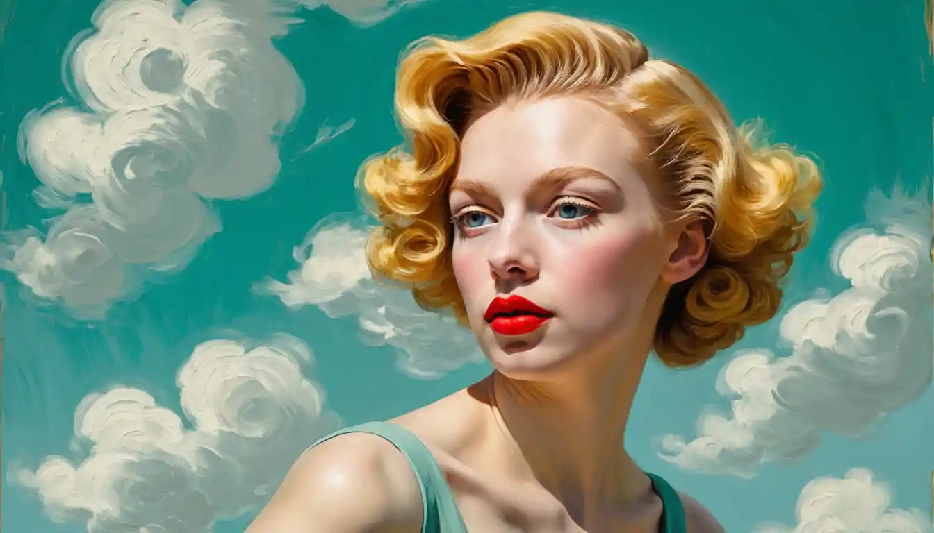 Sensual 1950s pin up oil painting of reclining blonde woman
