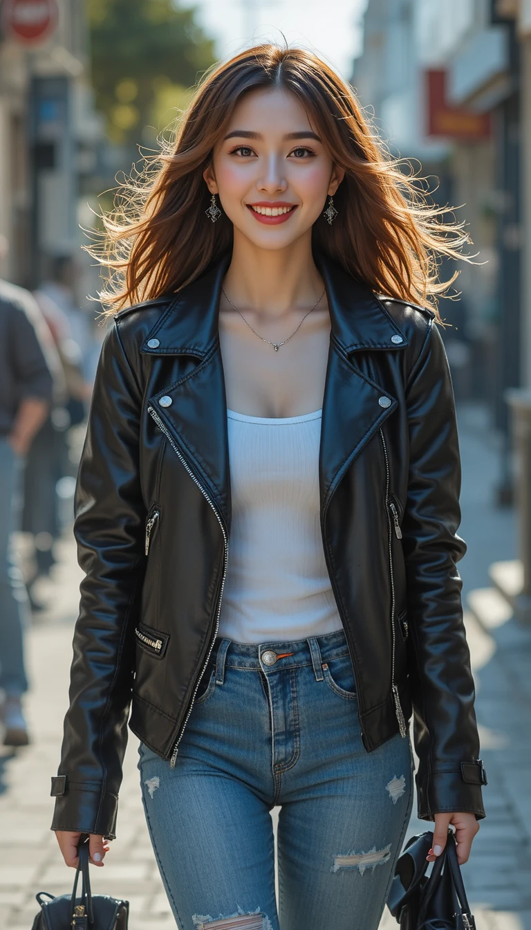 Actriz coreano-japonesa caminando con jeans rotos y chaqueta de cuero