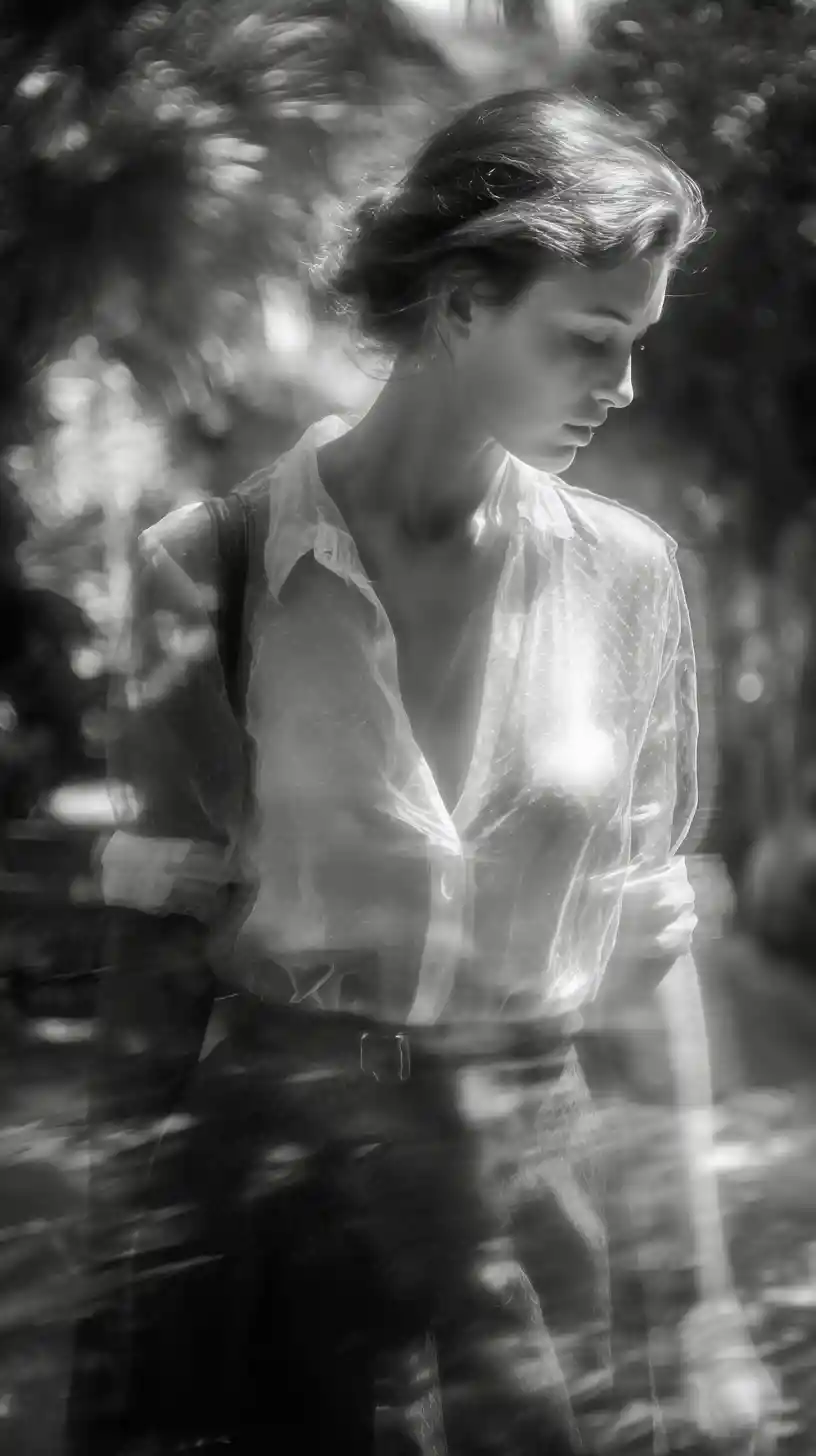 Retrato de moda a contraluz de una mujer caminando en un jardín