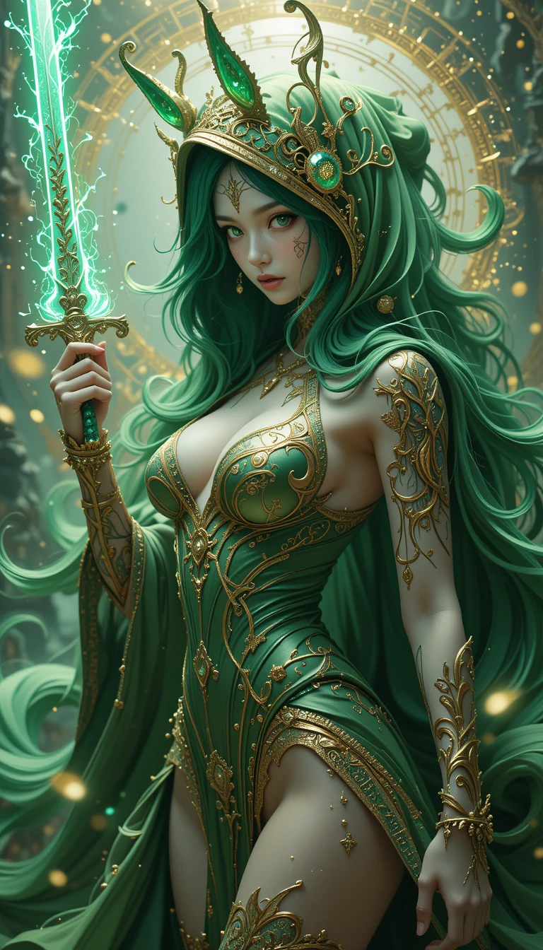 Guerrera emperatriz de las llamas de cabello verde con katana brillante