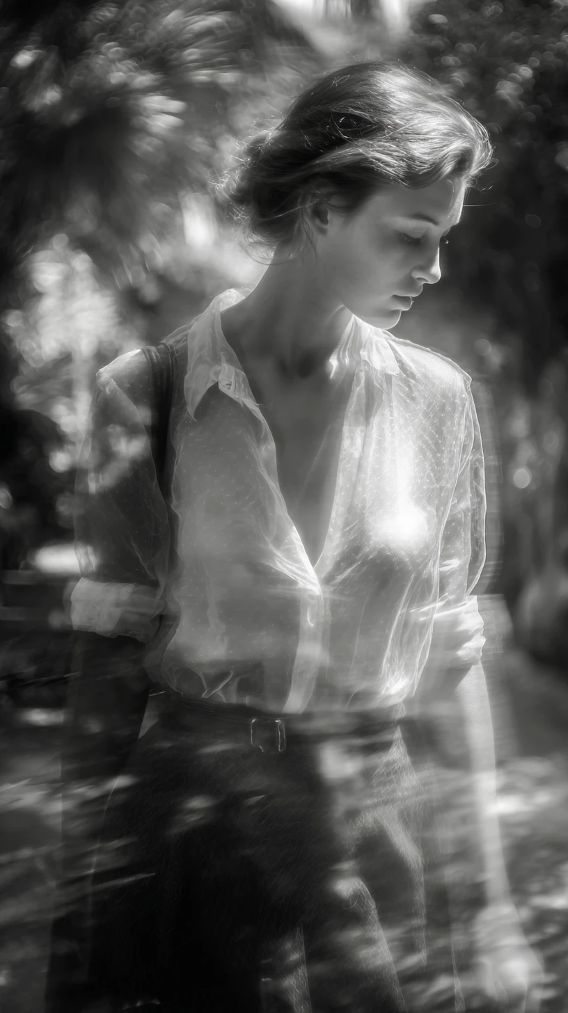 Retrato de moda a contraluz de una mujer caminando en un jardín