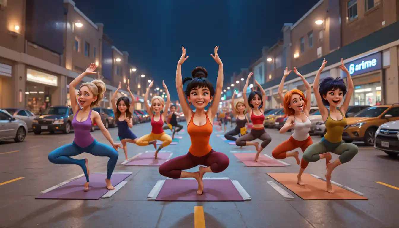 Eccentric characters doing playful yoga in a store parking lot