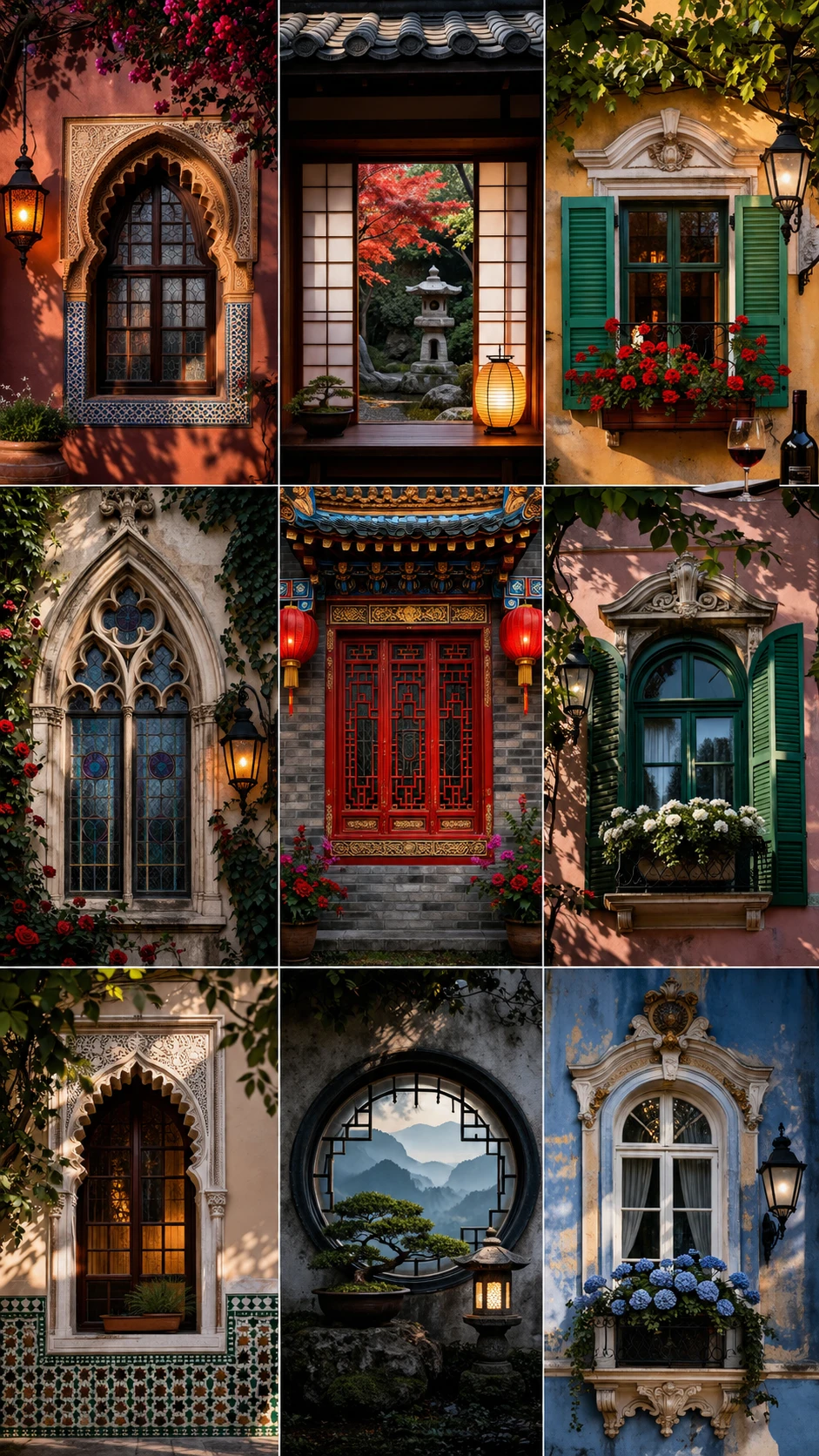 Collage colorido de ventanas orientales históricas zen con decoración