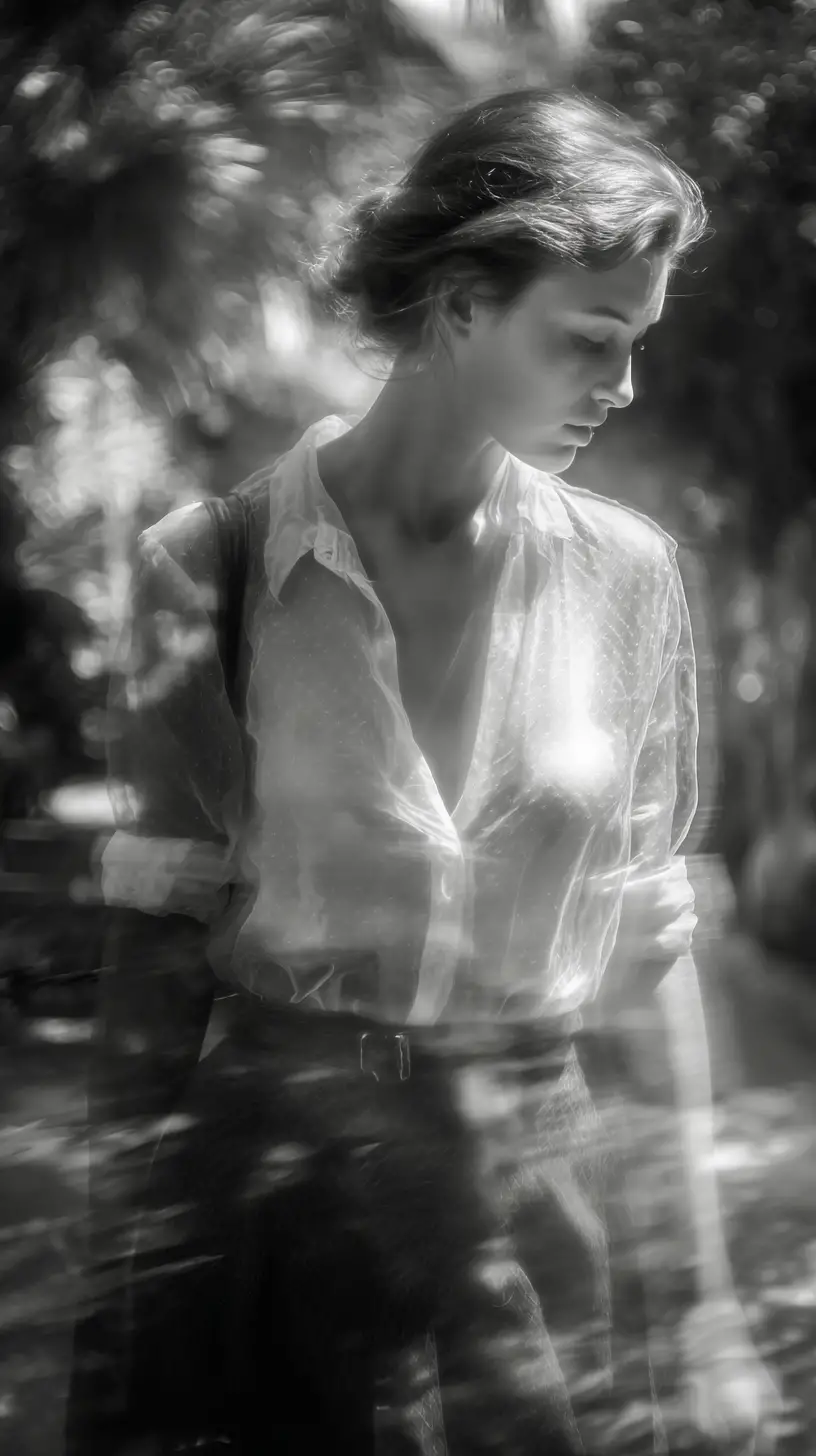 Retrato de moda a contraluz de una mujer caminando en un jardín