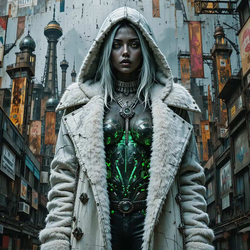 Cyberpunk fashion woman mural with neon circuitry tattoos