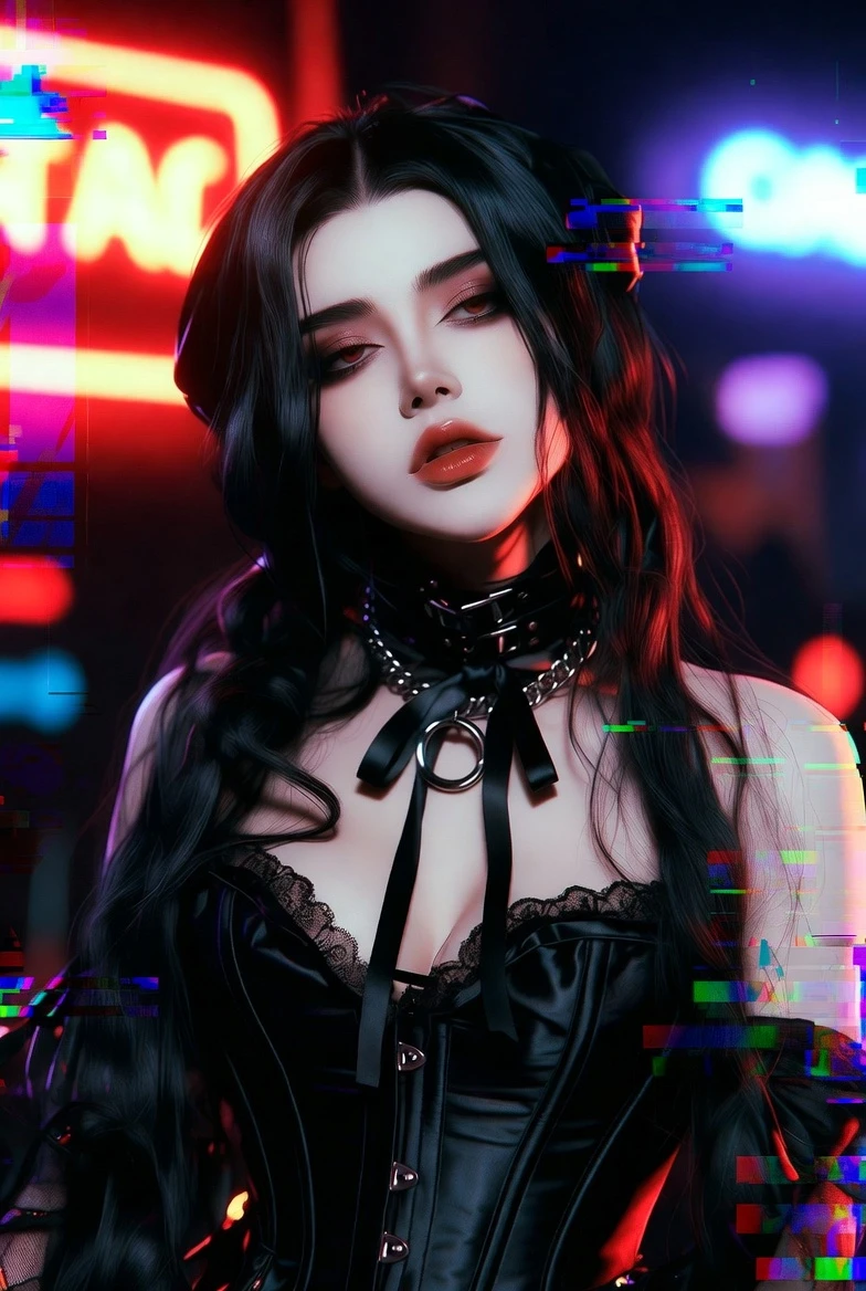 Gotische Vampirfrau im Korsett mit Neon-Glitch-Ästhetik