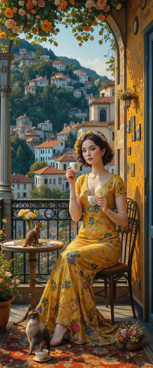 Mujer elegante en terraza soleada con café y gato
