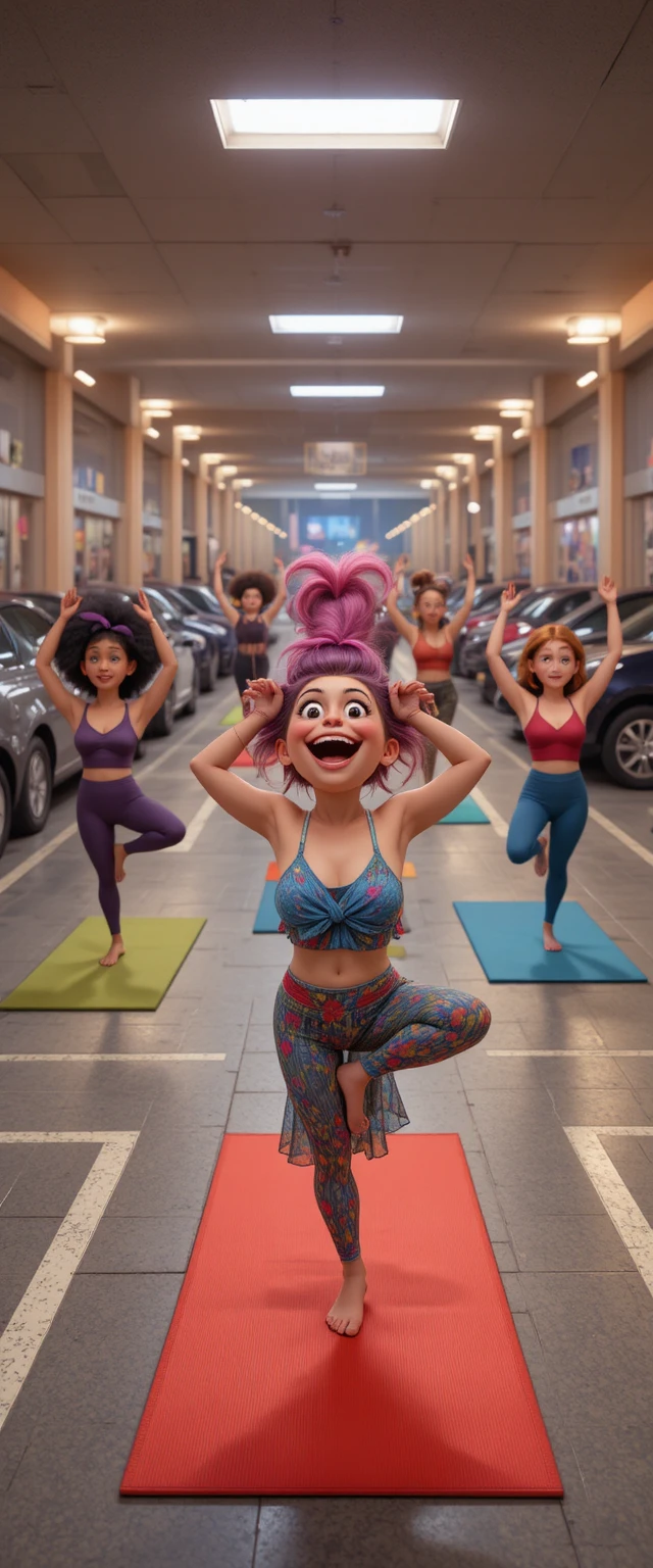 Personas coloridas y extravagantes haciendo yoga en el estacionamiento de una tienda